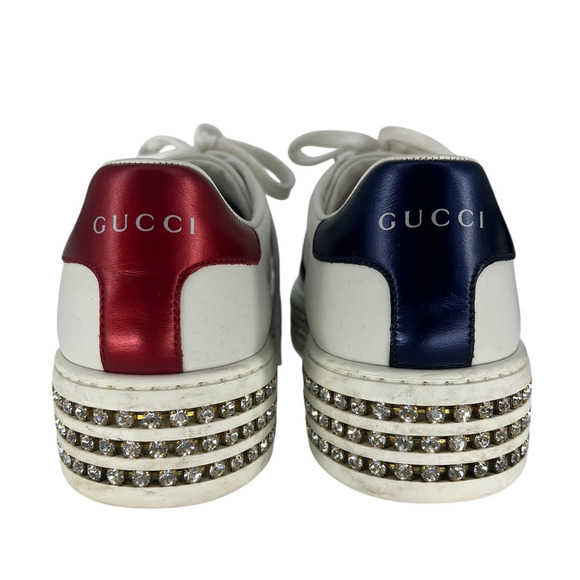 Gucci Ace Web Platform Crystal Embellished Leather Sneakers - Picture 9 of 16